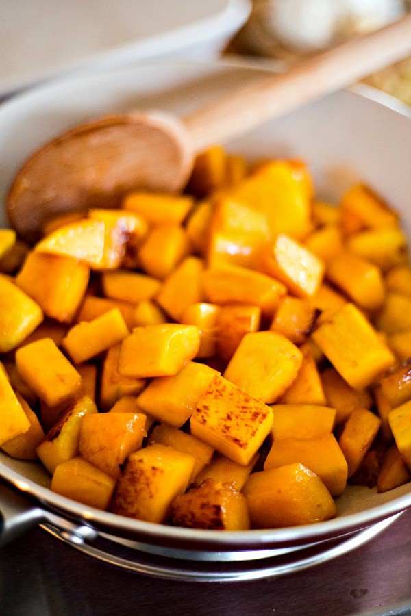 Butternut Squash Italian Sausage Pasta Bake preparing squash