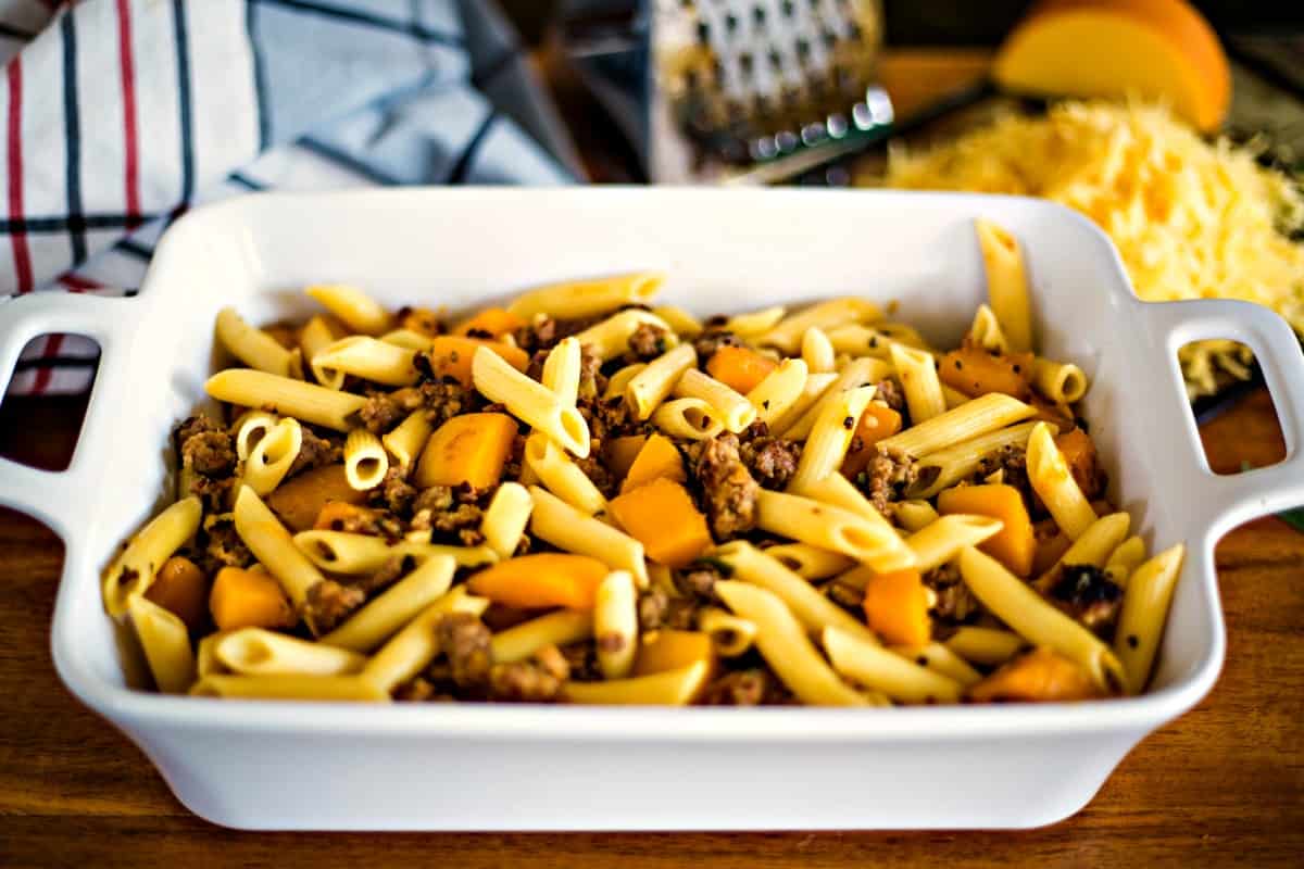 Butternut Squash Italian Sausage Pasta Bake before putting in oven