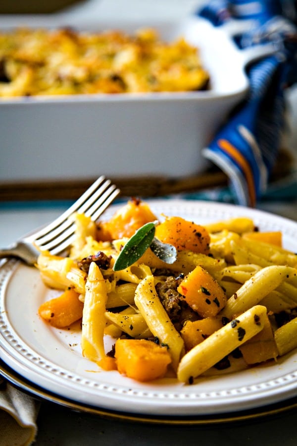 Butternut Squash Italian Sausage Pasta Bake on a white plate