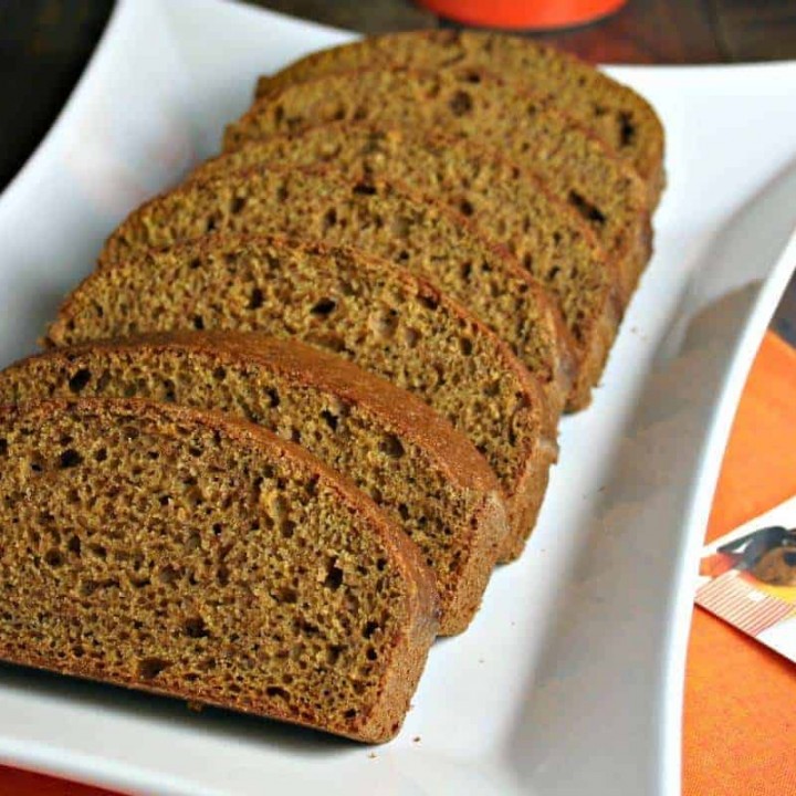 A close up of a slice of Pumpkin Bread on a plate