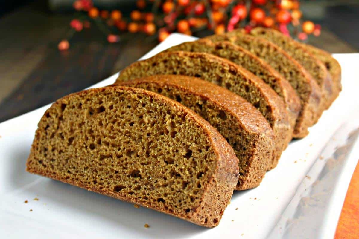 A close up of a slice of Pumpkin Bread on a plate
