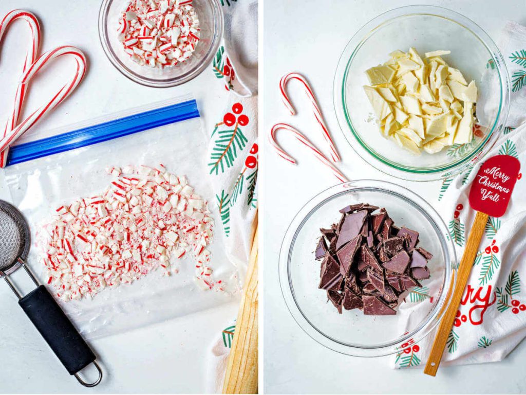 crushed candy canes in a ziplock bag on a table; chopped dark and white chocolate in bowls.