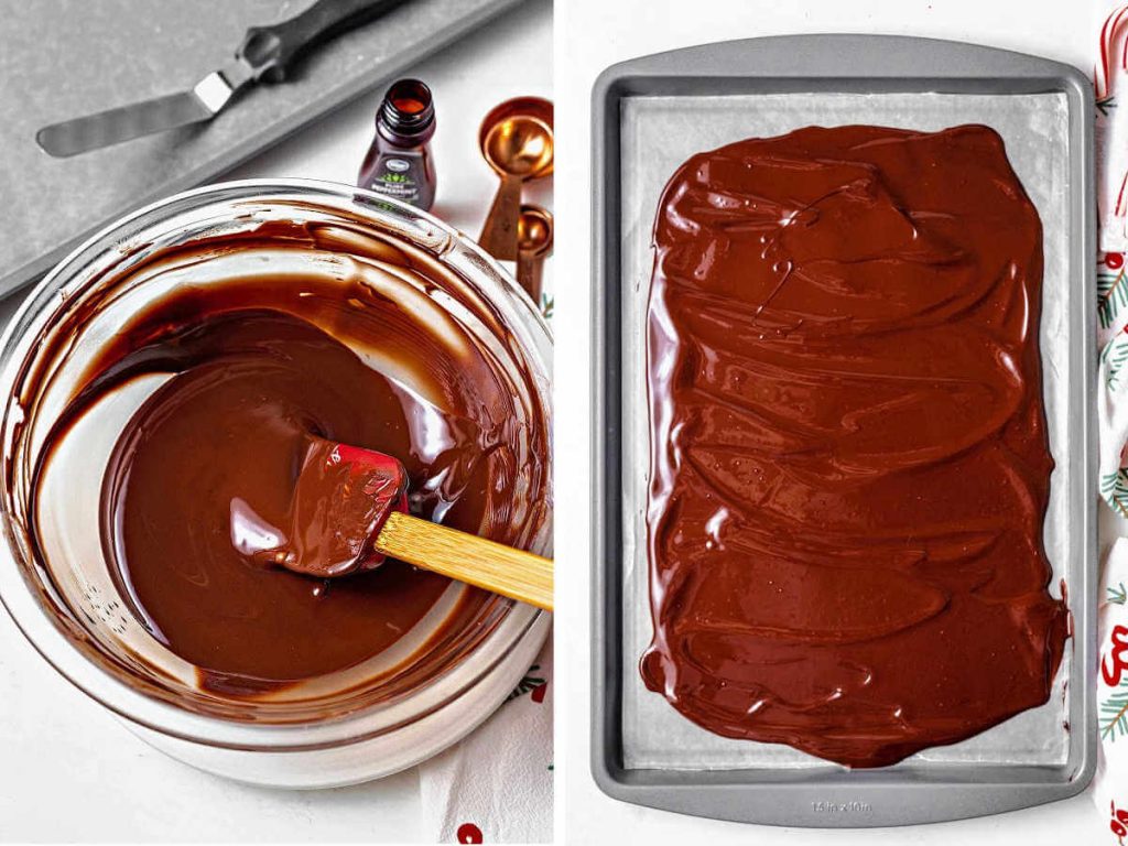 melted dark chocolate in a bowl; chocolate spread on a baking sheet.