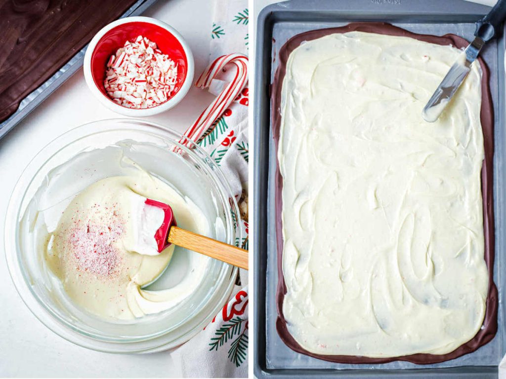 melted white chocolate in a bowl with candy cane dust; white chocolate spread on top of dark chocolate on a baking sheet.