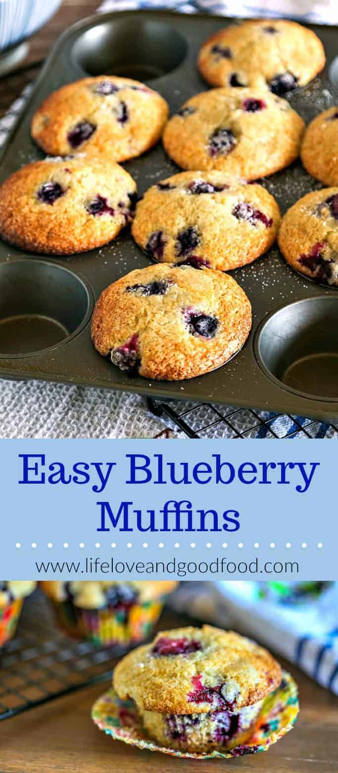 Wake up your week with a batch of these Easy Blueberry Muffins. Bursting with juicy berries, this recipe works well with either fresh or frozen blueberries. #muffins #blueberries #brunch #breakfast #baking #quickbread