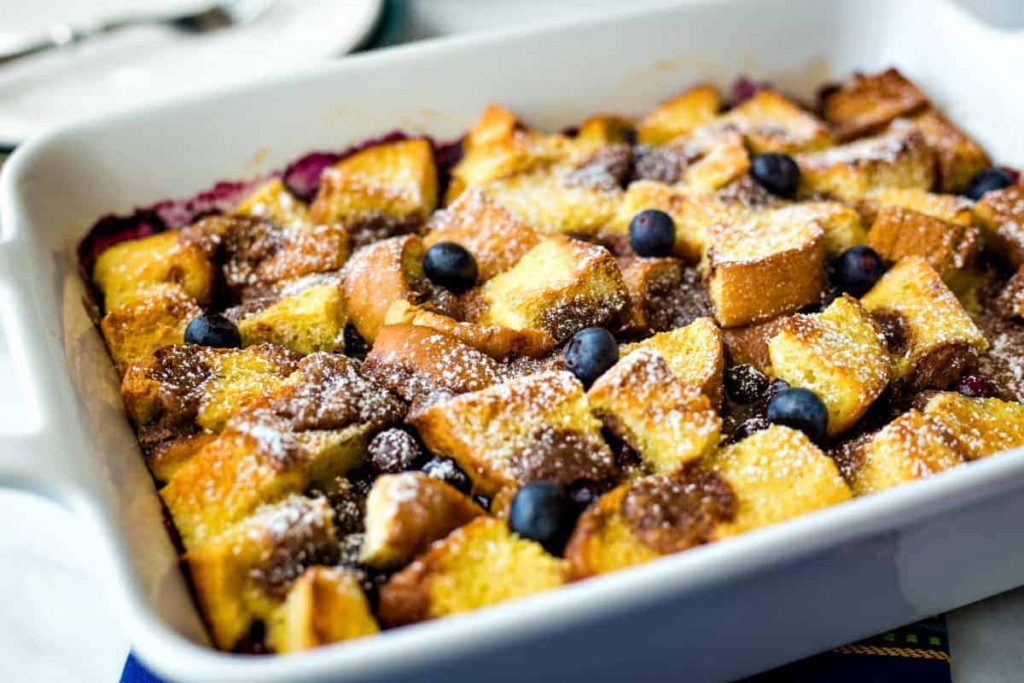 freshly baked Blueberry Strata in a white casserole dish