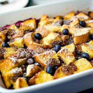 freshly baked Blueberry Strata in a white casserole dish