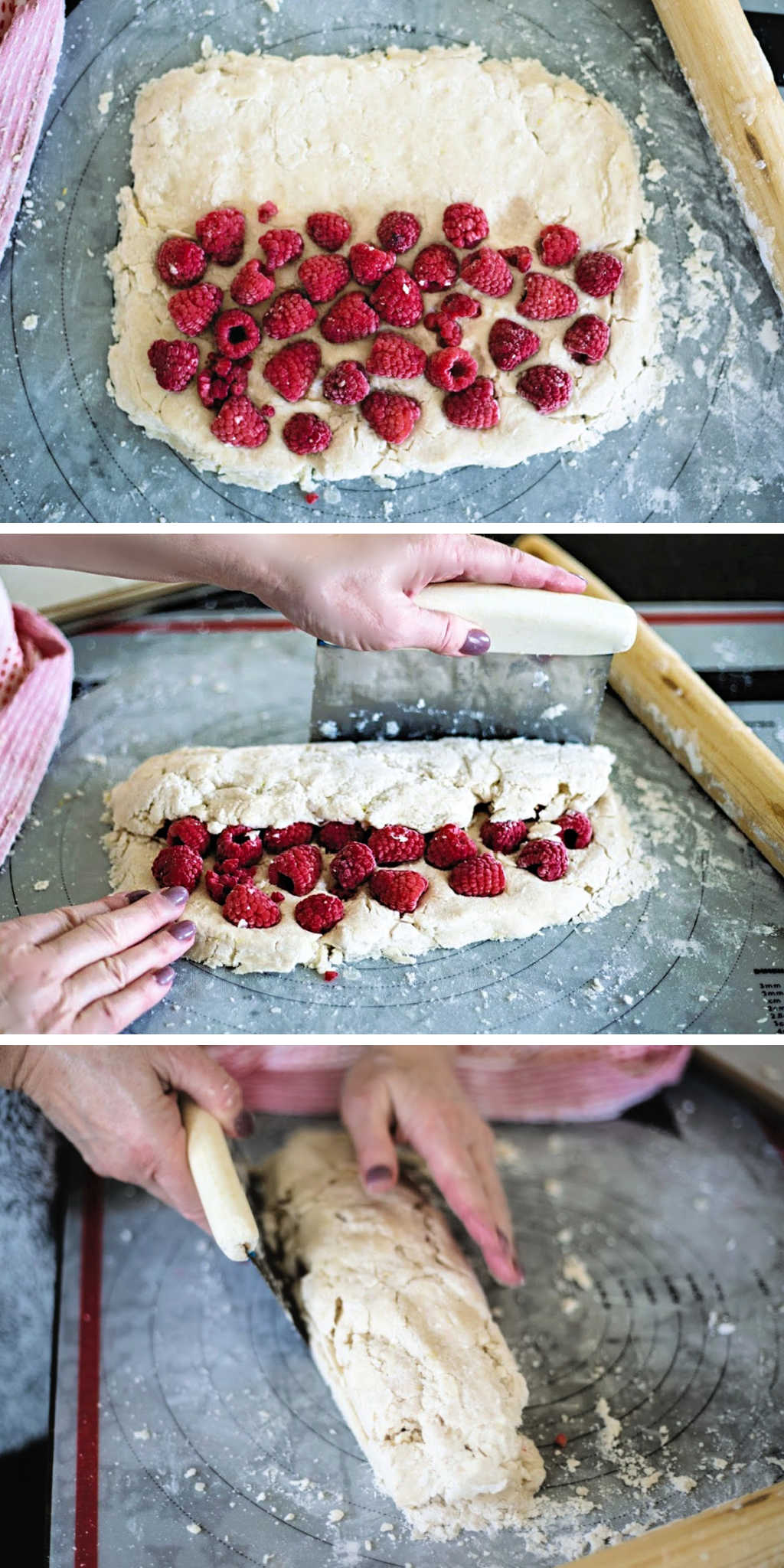 process steps for folding raspberries into scone dough