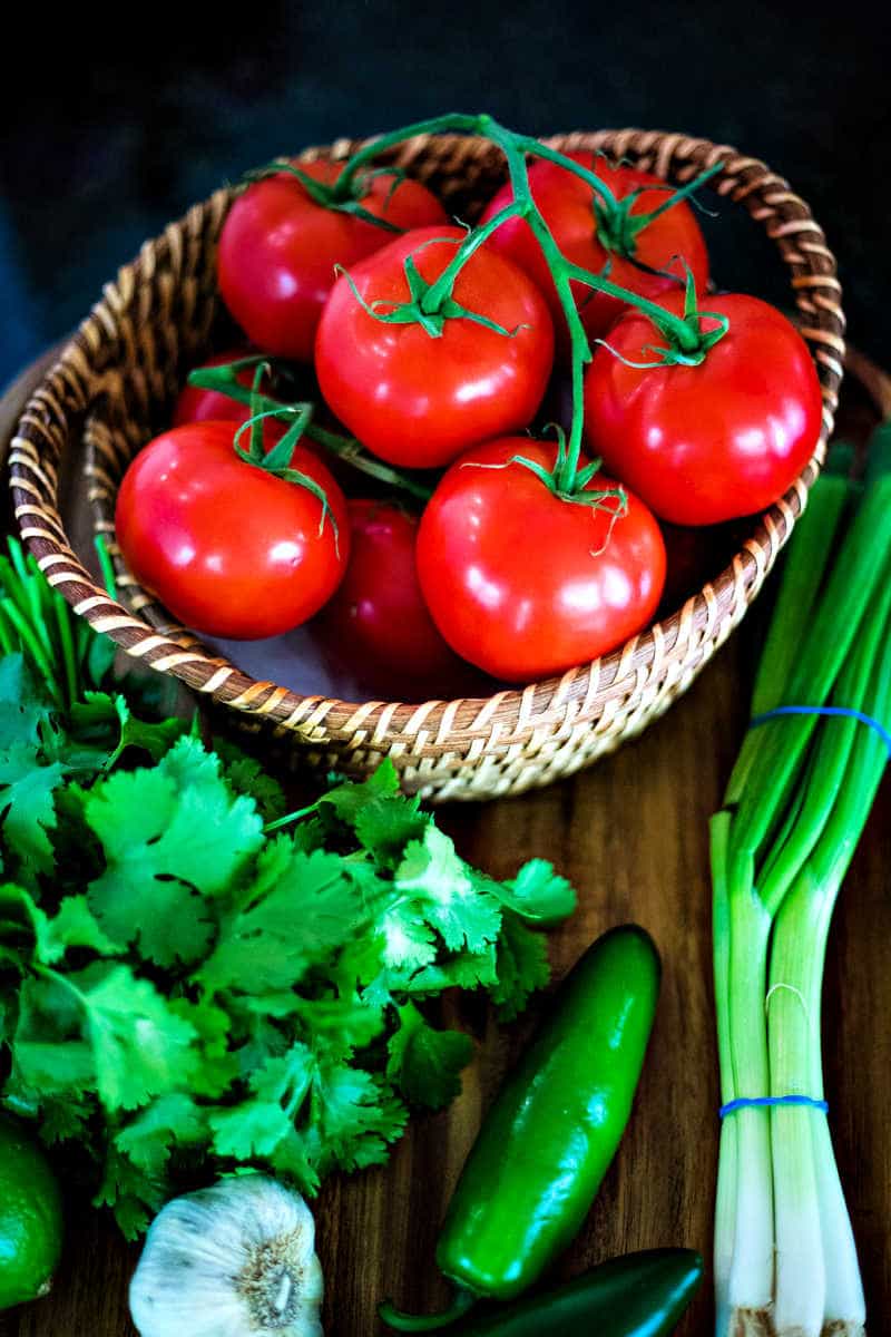 salsa ingredients, tomatoes, cilantro, garlic, jalapeno, green onions, lime