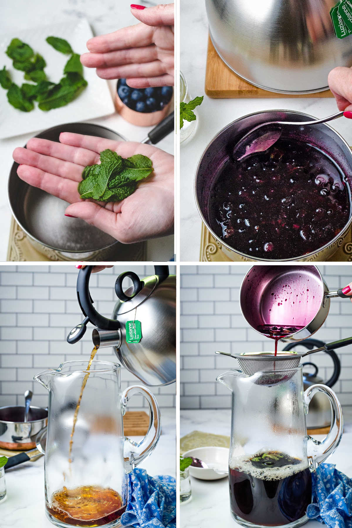 process steps for making blueberry tea: add mint leaves to simple syrup, add blueberries to simple syrup, brew tea, strain simple syrup.