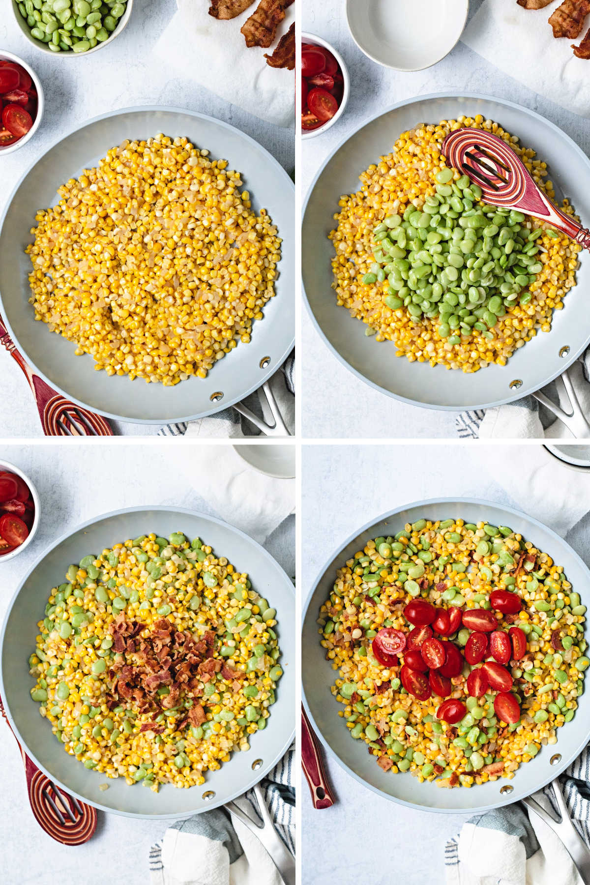 process shots for cooking corn succotash: saute corn and onions; add lima beans; add bacon; add tomatoes.