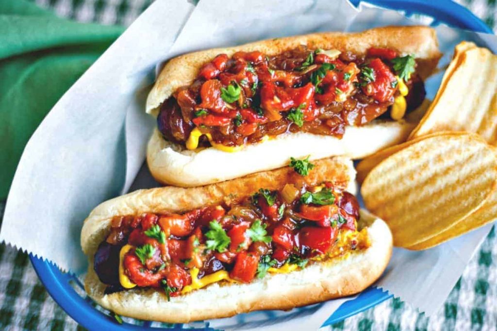 NY Street Dogs in a basket with relish