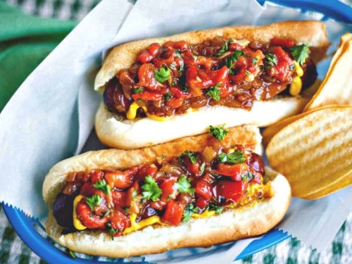 Grilled Hot Dogs with Mango Chutney and Red Onion Relish Recipe