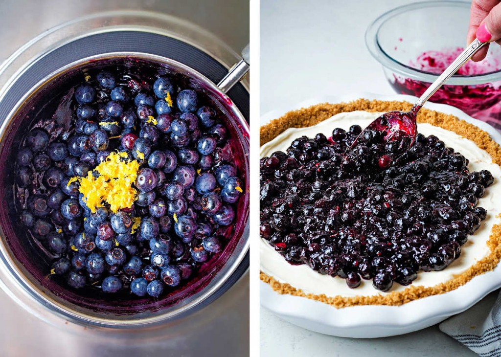 process steps for making blueberry topping for no bake cheesecake: simmer blueberries with sugar and lemon zest; spoon topping over cheesecake.