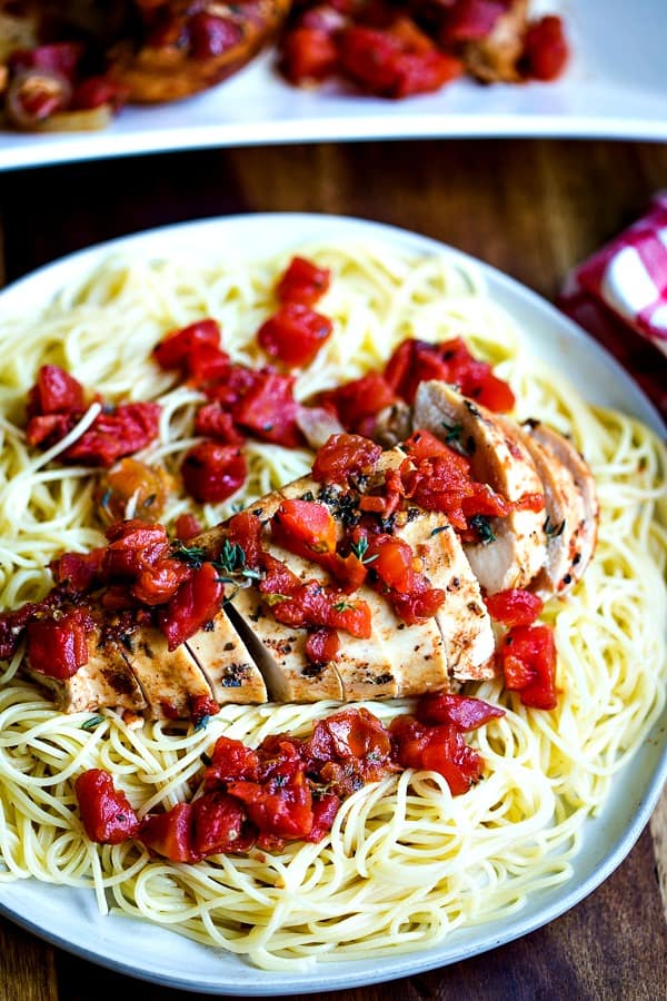 Slow Cooker Balsamic Chicken on a bed of angel hair pasta