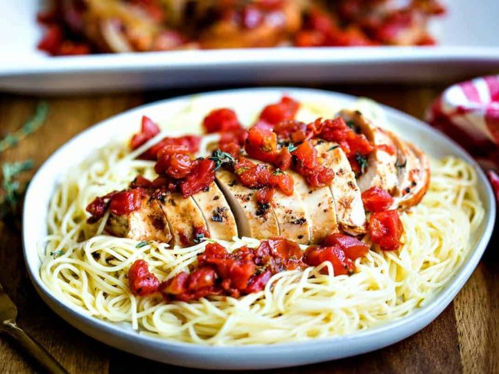 Slow Cooker Balsamic Chicken on a bed of angel hair pasta