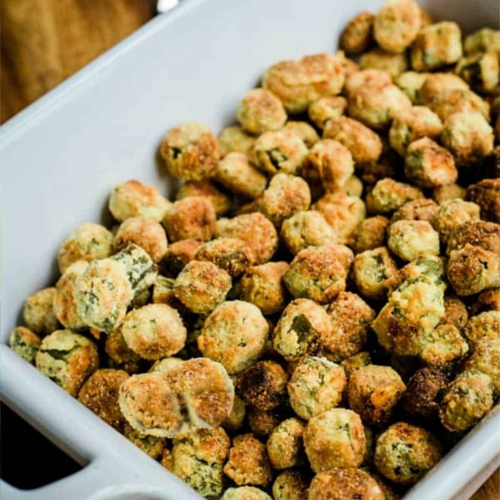 oven fried okra in a white serving bowl