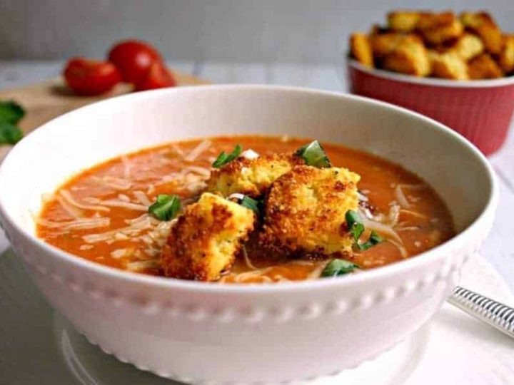 Creamy Tomato Soup with Peppery Parmesan Cornbread Croutons | Life, Love, and Good Food