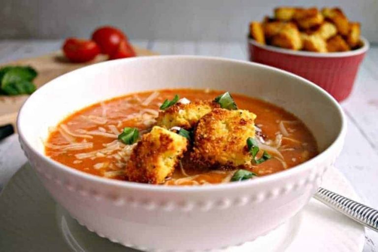 Creamy Tomato Soup with Peppery Parmesan Cornbread Croutons