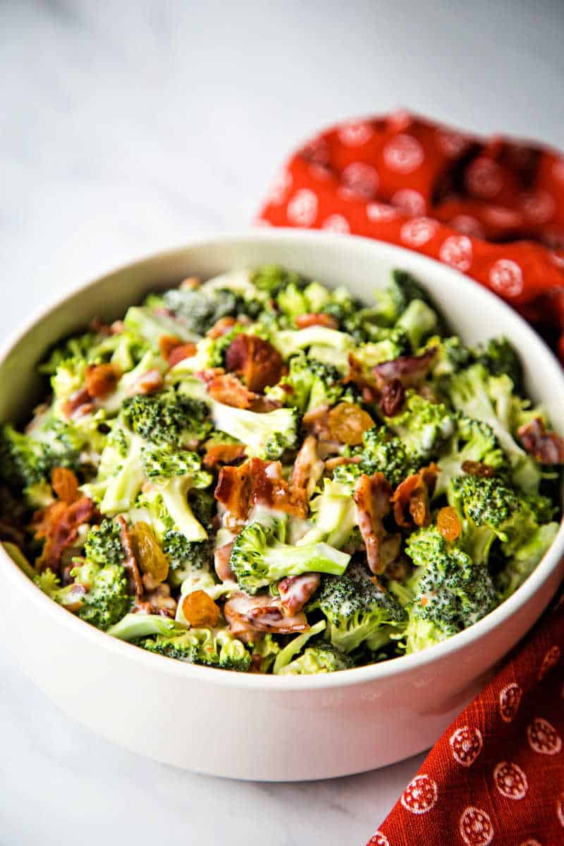 Broccoli and Bacon Salad in a white bowl