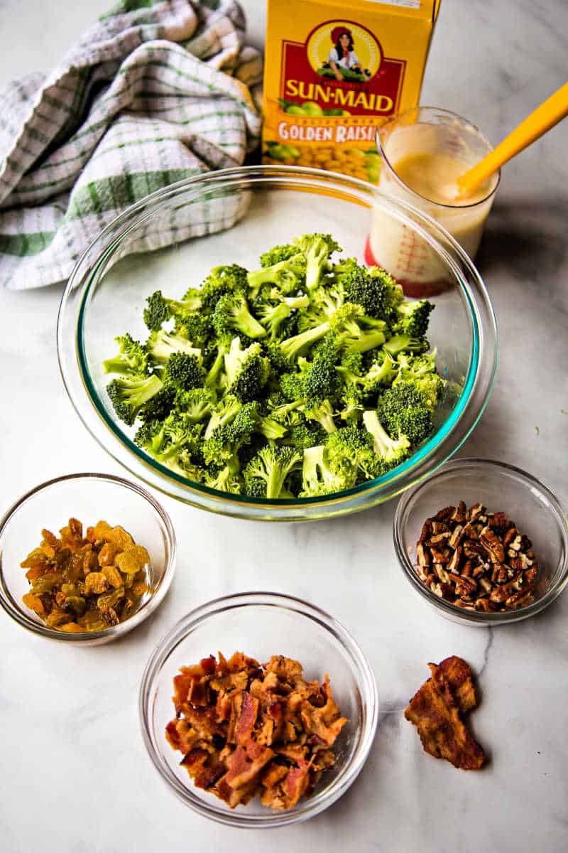 ingredients for broccoli and bacon salad