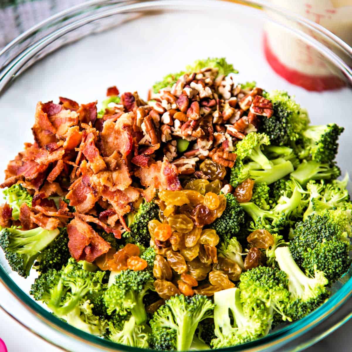 broccoli with pecans, golden raisins, and bacon