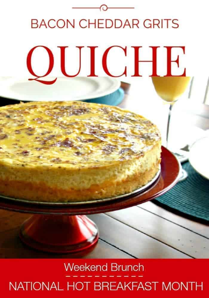 A quiche sitting on top of a cake stand