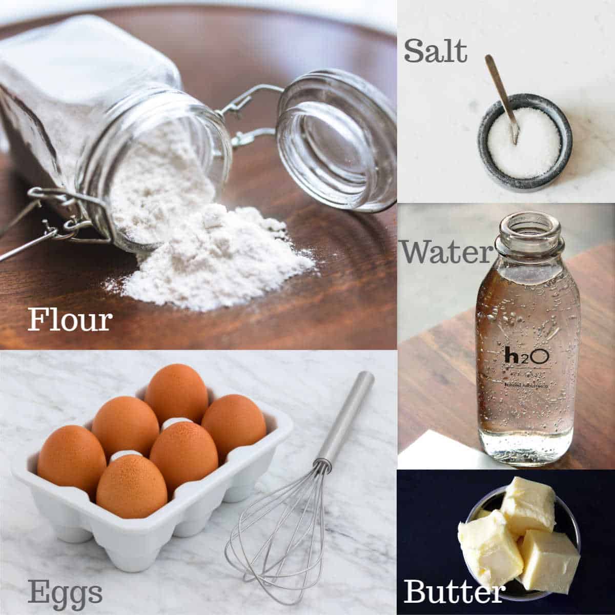 ingredients for pastry flour eggs salt water butter