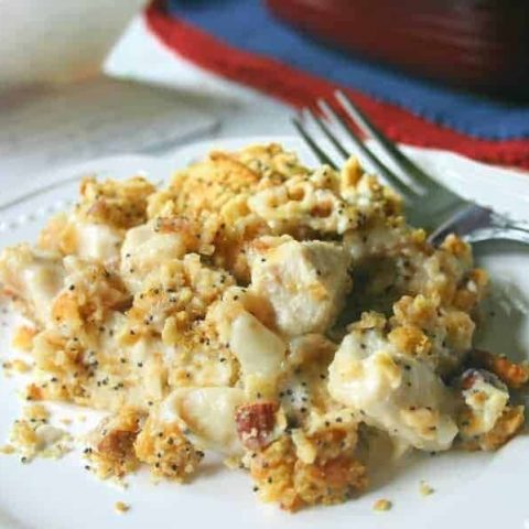 A plate of food, with Poppy Seed Chicken Casserole