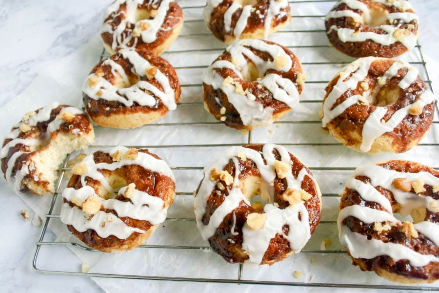 A close up of Cinnamon Roll Baked Doughnuts