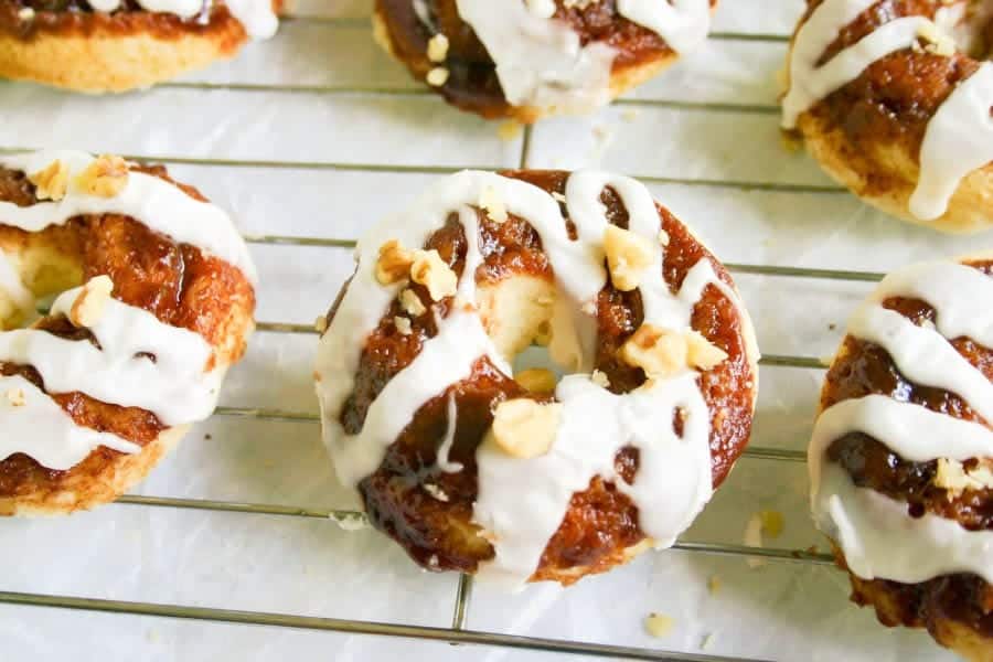 A close up of Cinnamon Roll Baked Doughnuts