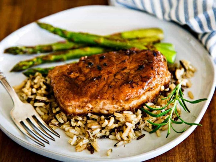 Balsamic Pork Chop on wild rice with asparagus