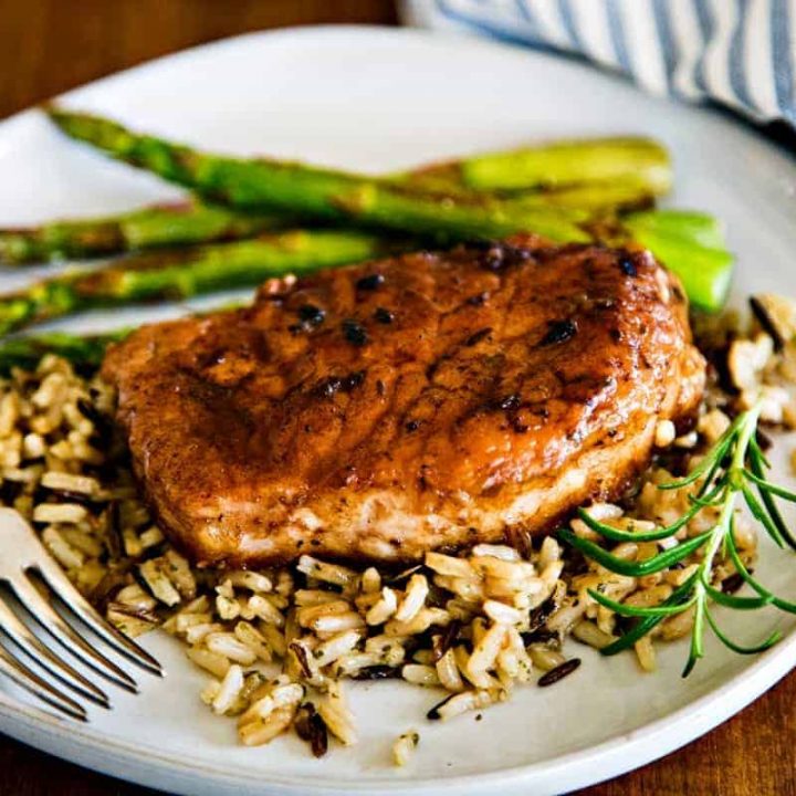 Balsamic Pork Chop on wild rice with asparagus