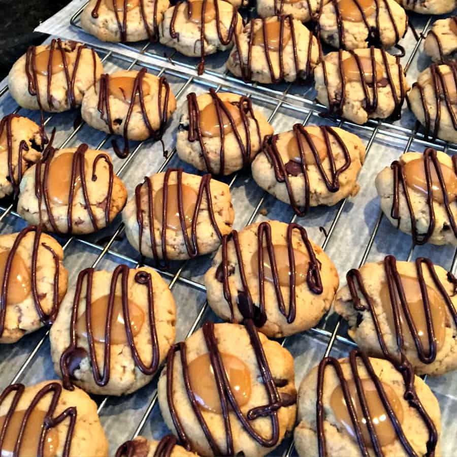 Peanut Butter Toffee Turtle Cookies on a wire rack