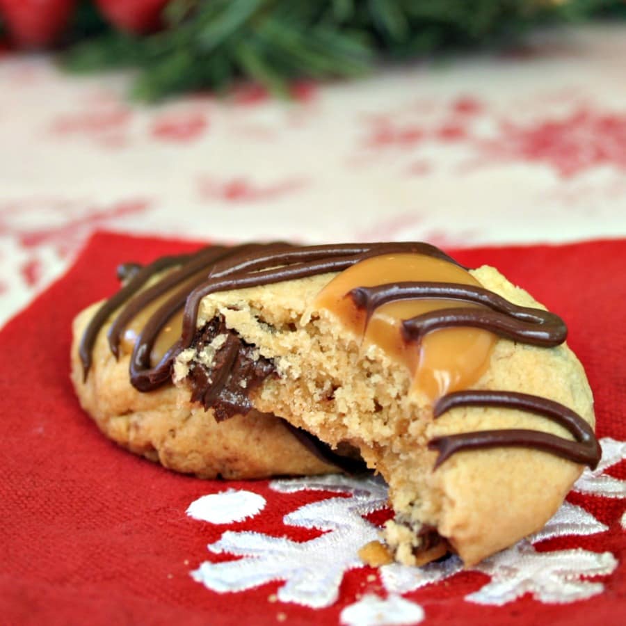 A close up of a Peanut Butter Toffee Turtle Cookie