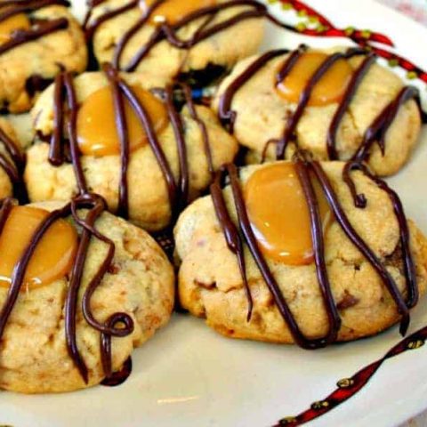 A plate of peanut butter toffee turtle cookies