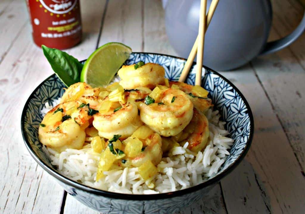 A bowl of food, with Coconut Curry Shrimp