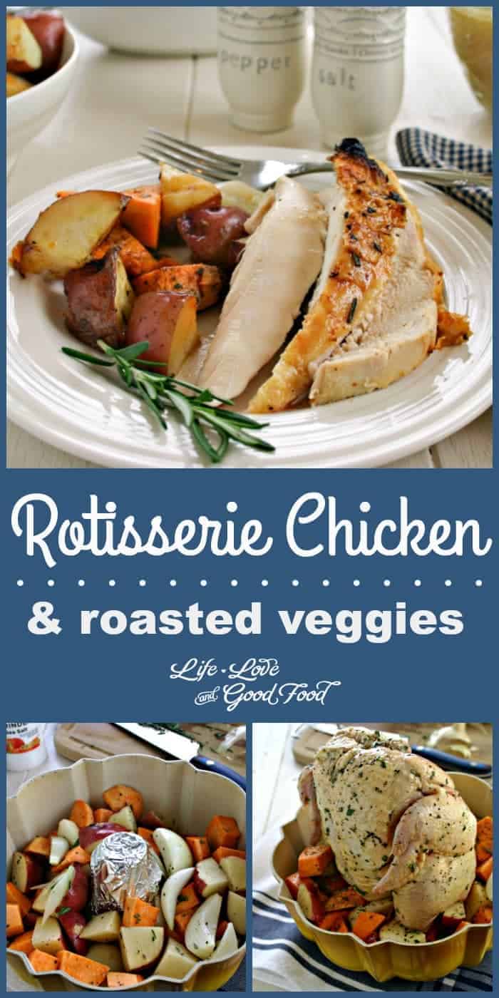 A plate of food on a table, with Rotisserie Chicken and roasted vegetables