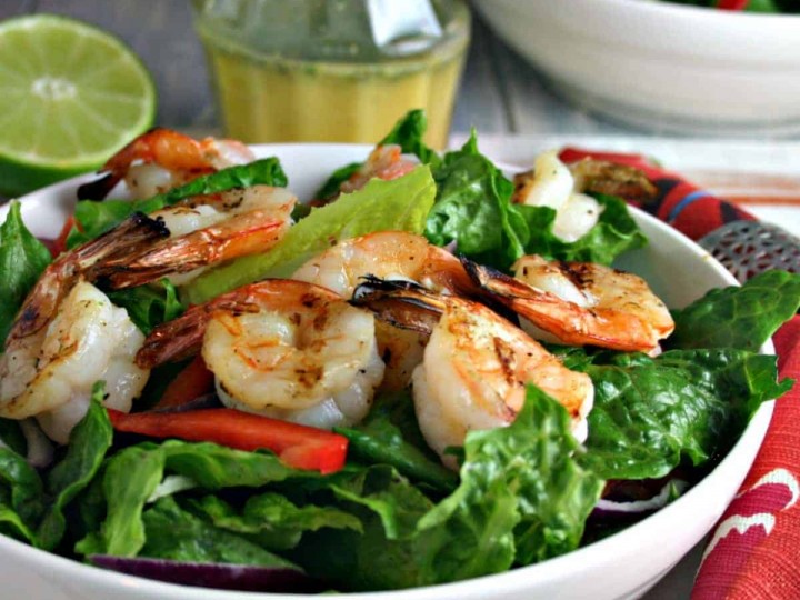 A bowl of salad, with Citrus Grilled Shrimp Salad