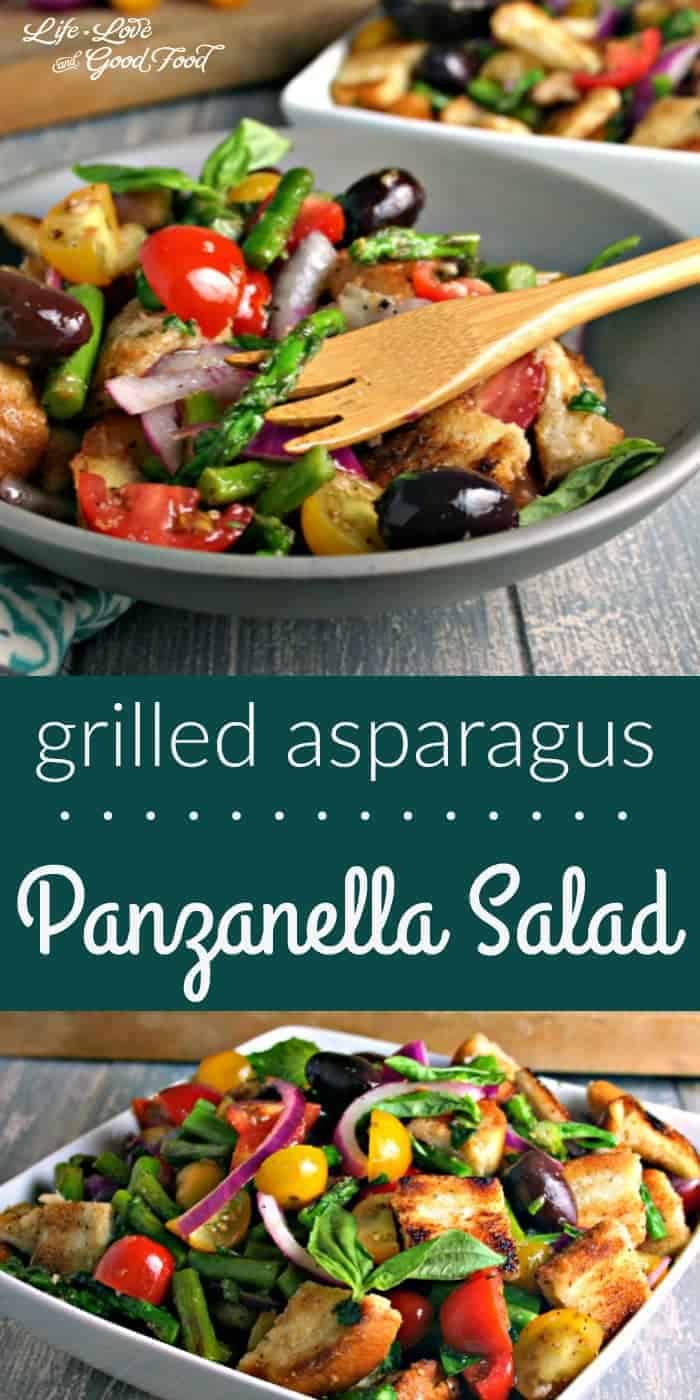 A bowl of Grilled Asparagus Panzanella Salad on a table