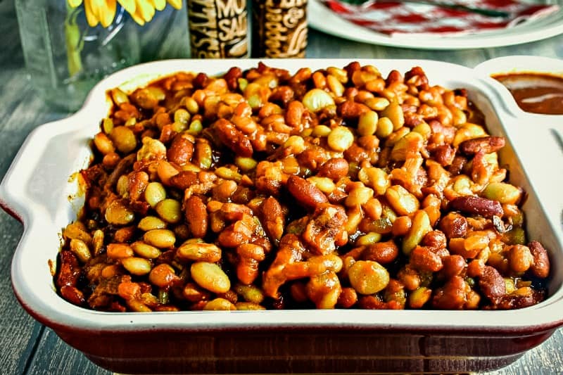 Mixed Baked Beans in casserole dish