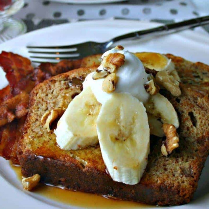 A plate of food with Banana Bread French Toast
