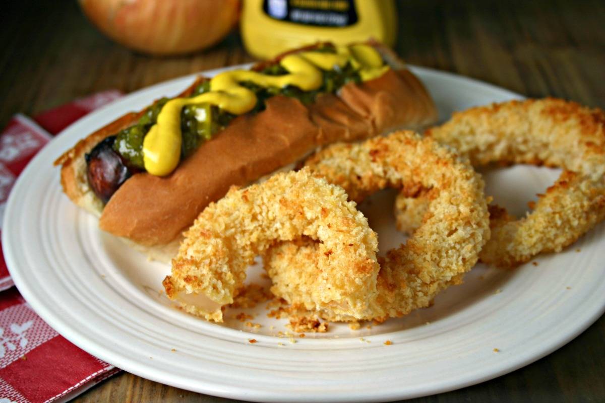 A plate of food on a table, withCrispy Oven Baked Onion Rings