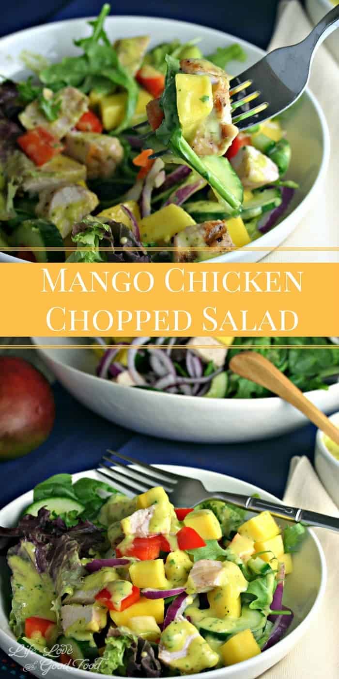 A bowl of salad, with Mango Chicken Chopped Salad