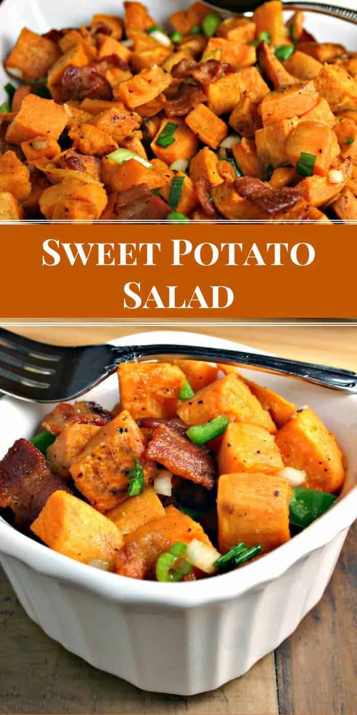 A plate of food, with Sweet Potato salad