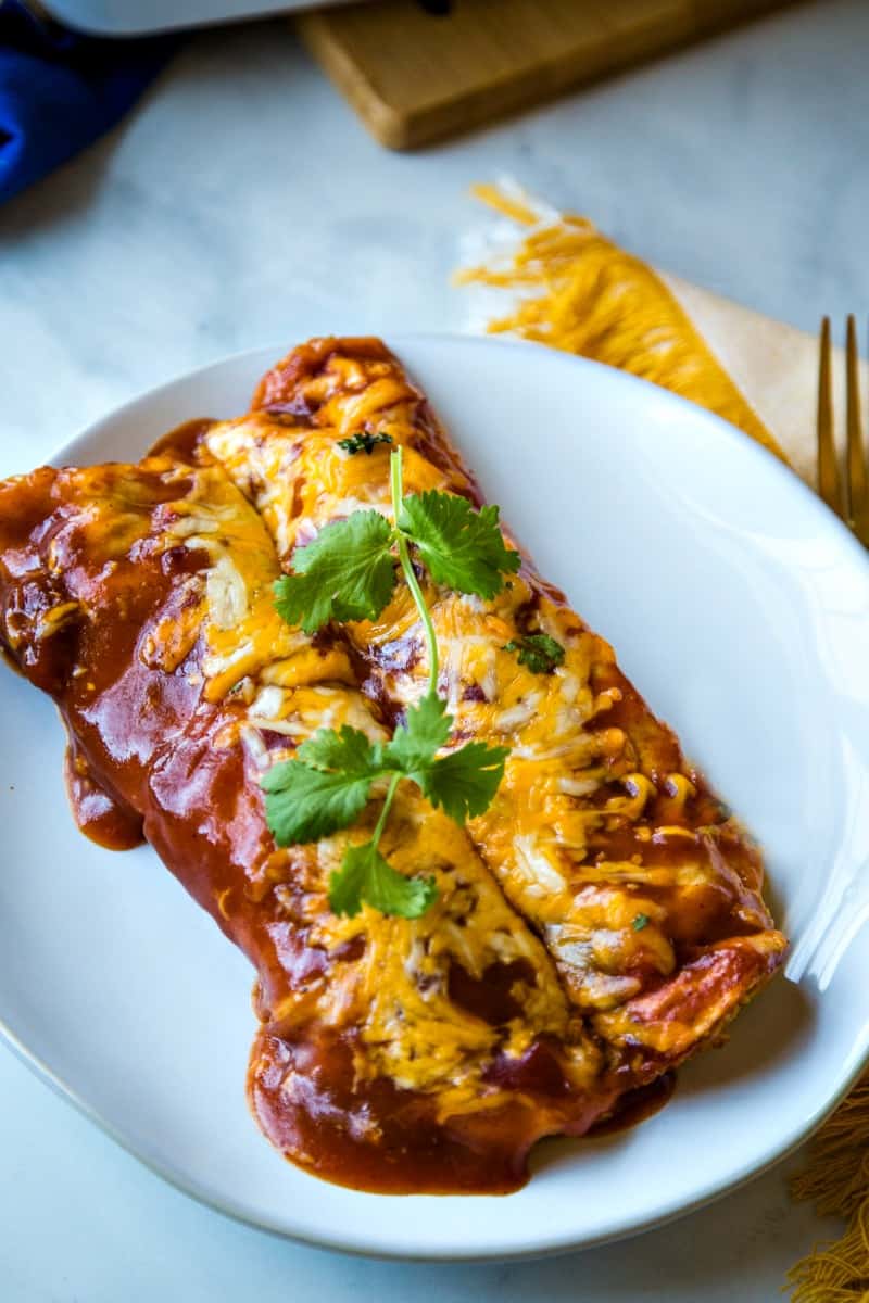 two chicken enchiladas with cheese and red sauce garnished with cilantro on a white plate