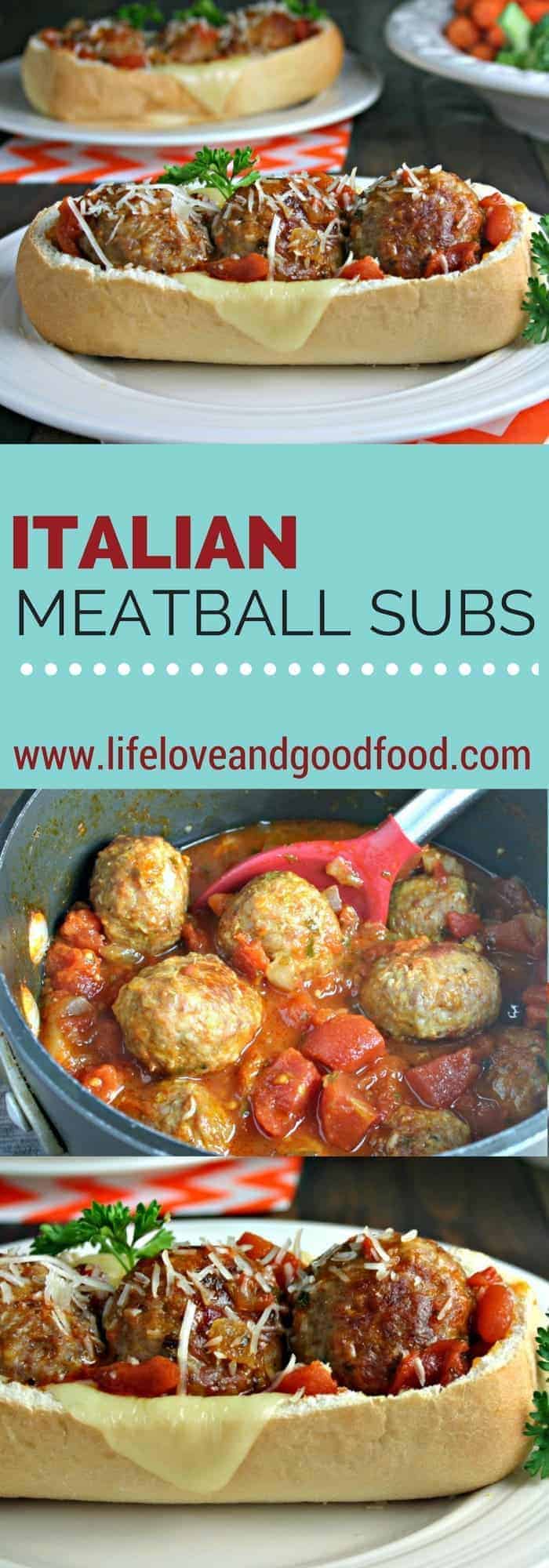 A close up of a plate of food on a table, with Italian Meatball Subs