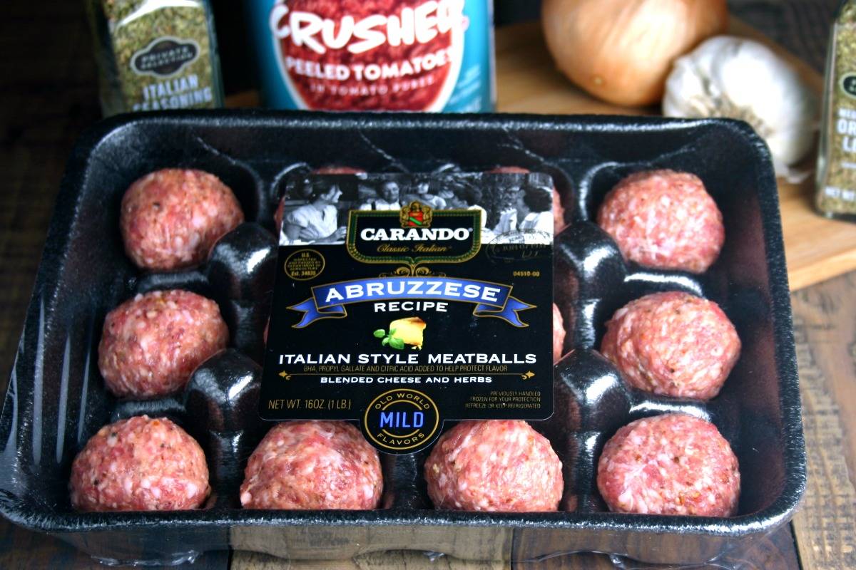 A plastic container of Carando Meatballs