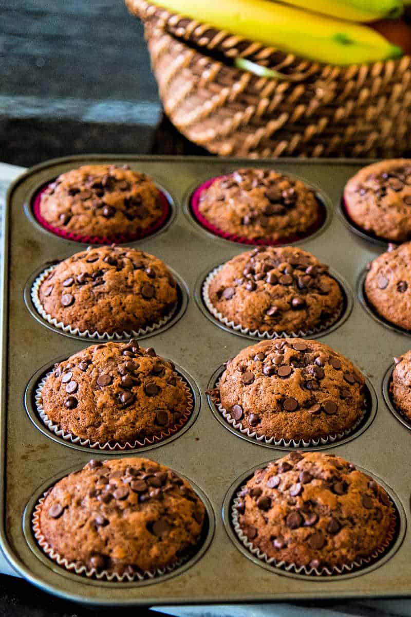 Chocolate Banana Muffins in a muffin tin