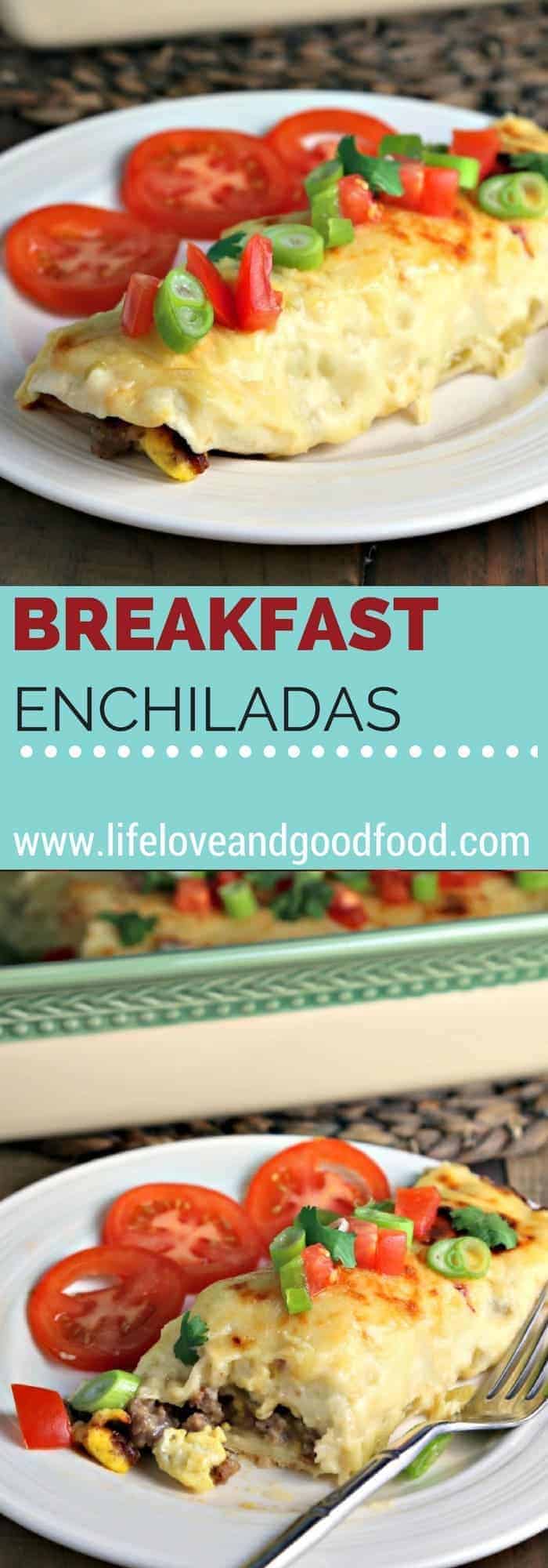 A plate of food on a table, with breakfast enchiladas